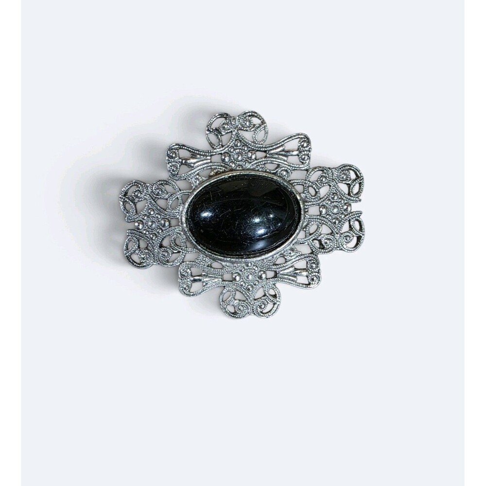 Vintage Silver Tone Filigree Brooch Pin Large Black Oval Cabochon Statement